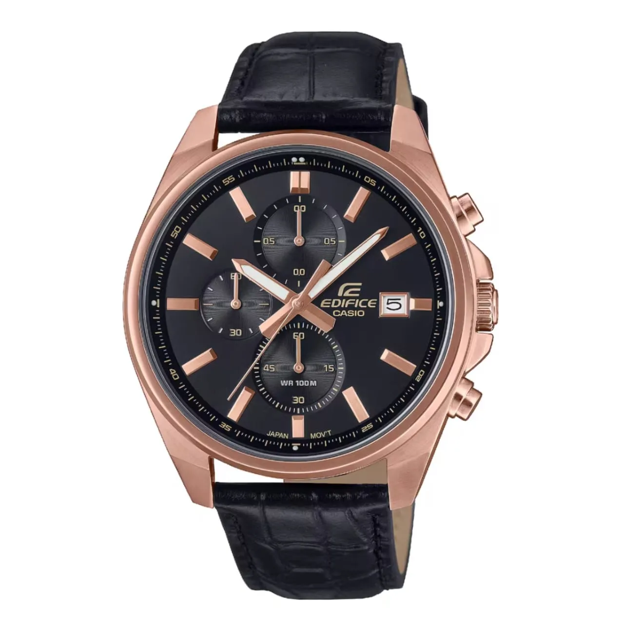 ساعة رجالي CASIO EDIFICE جلد اسود ميناء اسود اطار نحاسي