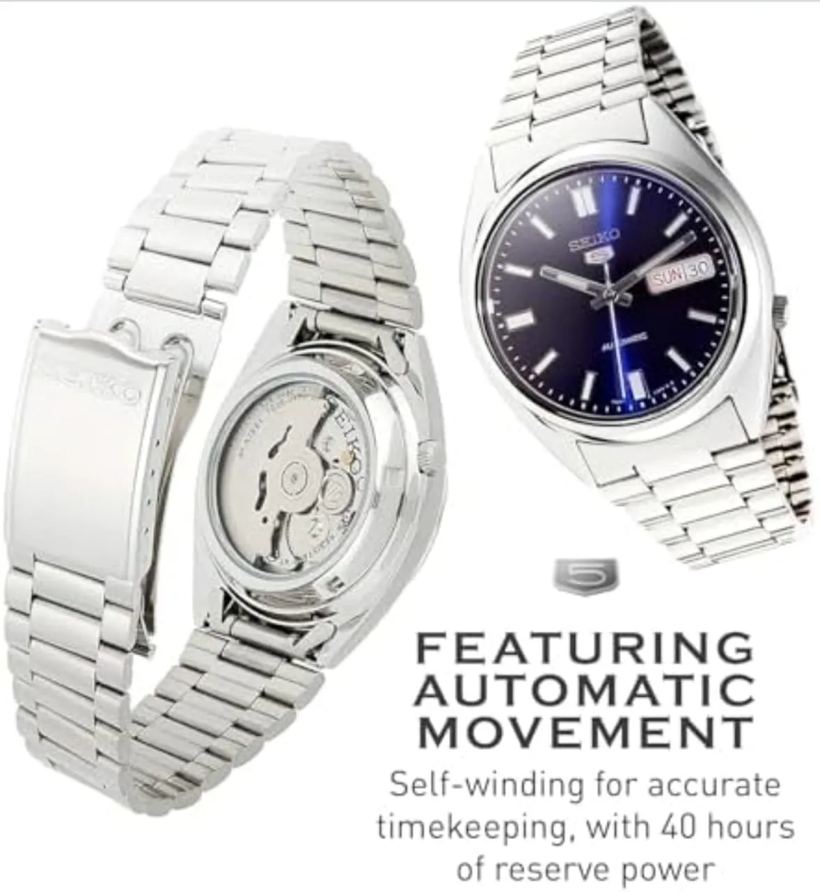 ساعة SEIKO 5 سلس فضي ميناء كحلي