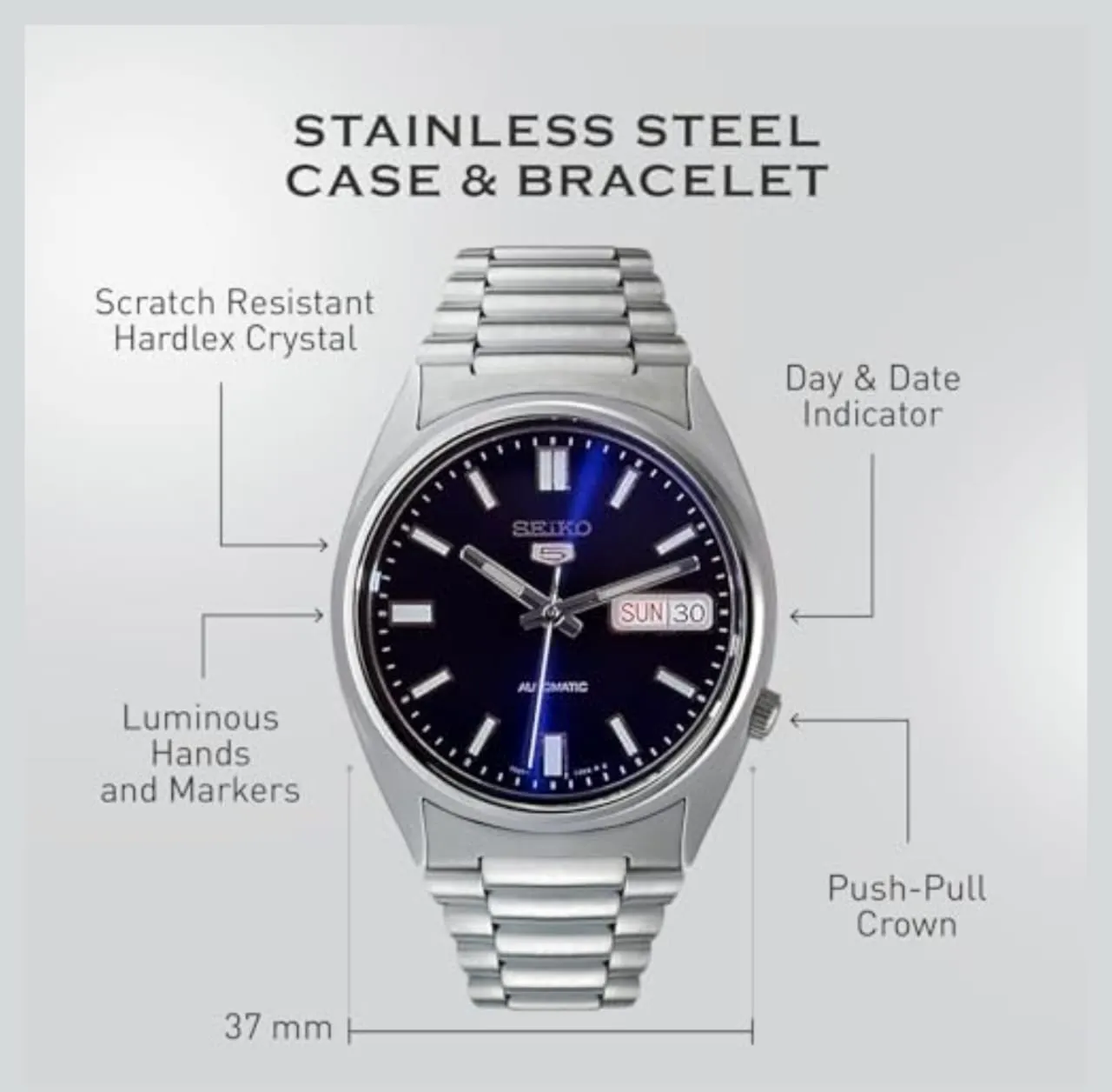 ساعة SEIKO 5 سلس فضي ميناء كحلي